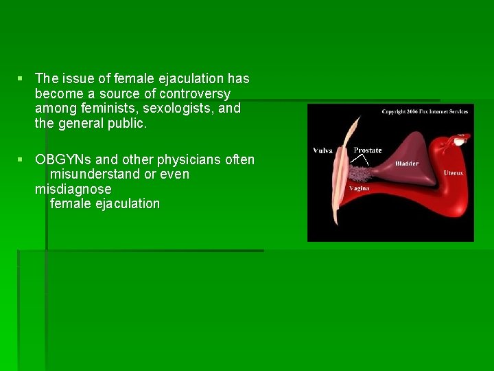 § The issue of female ejaculation has become a source of controversy among feminists,