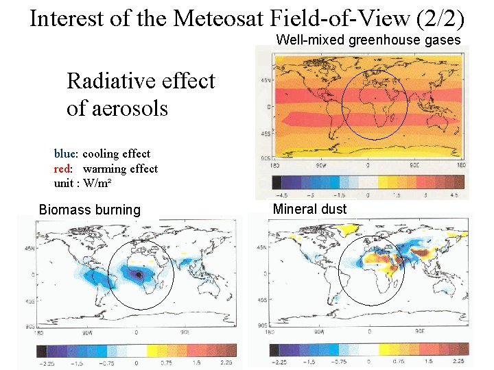 Interest of the Meteosat Field-of-View (2/2) Well-mixed greenhouse gases Radiative effect of aerosols blue: