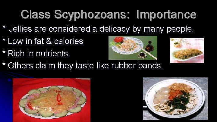 Class Scyphozoans: Importance * Jellies are considered a delicacy by many people. * Low