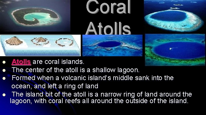 Coral Atolls l l Atolls are coral islands. The center of the atoll is