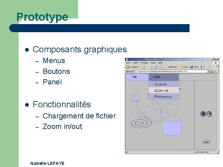 Prototype l Composants graphiques – – – l Menus Boutons Panel Fonctionnalités – –