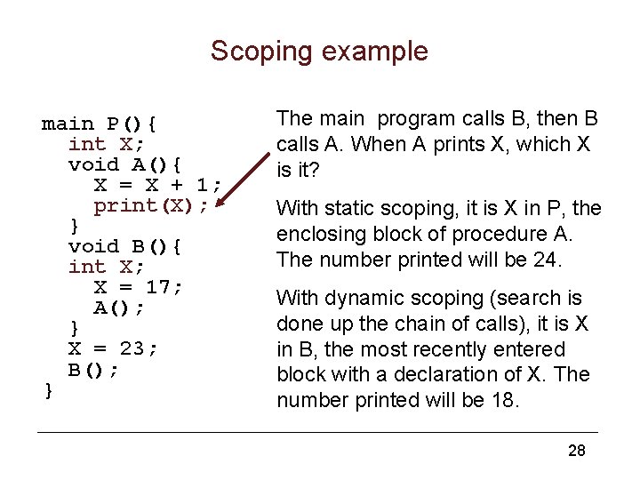 Scoping example main P(){ int X; void A(){ X = X + 1; print(X);