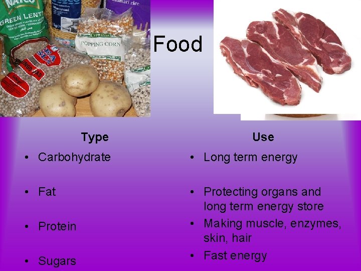 Food Type Use • Carbohydrate • Long term energy • Fat • Protecting organs