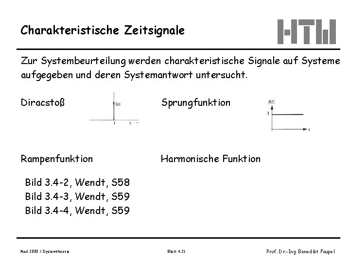 Charakteristische Zeitsignale Zur Systembeurteilung werden charakteristische Signale auf Systeme aufgegeben und deren Systemantwort untersucht.