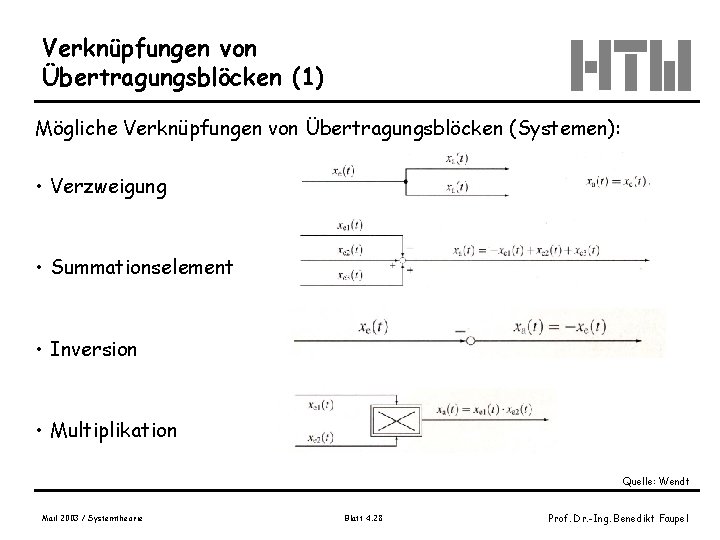 Verknüpfungen von Übertragungsblöcken (1) Mögliche Verknüpfungen von Übertragungsblöcken (Systemen): • Verzweigung • Summationselement •