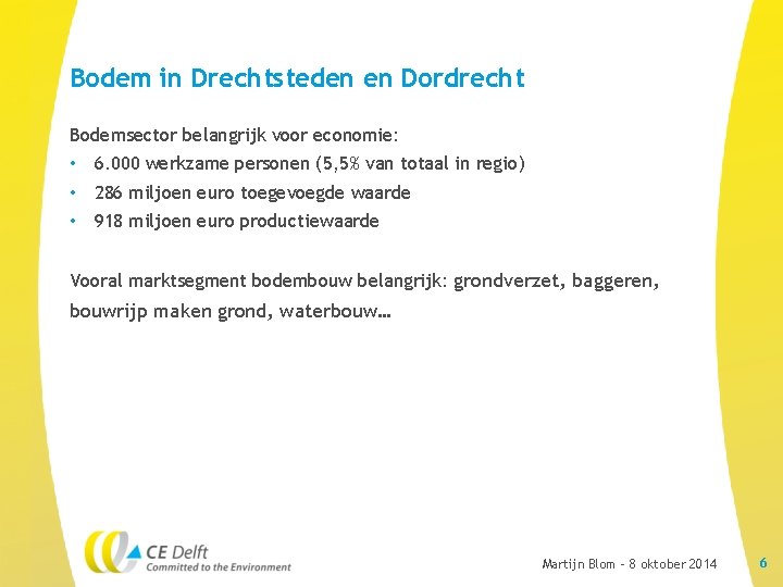 Bodem in Drechtsteden en Dordrecht Bodemsector belangrijk voor economie: • 6. 000 werkzame personen