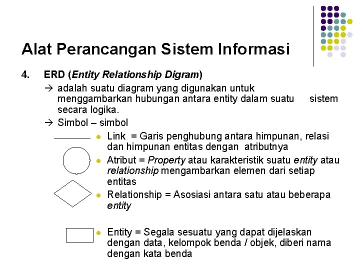 Alat Perancangan Sistem Informasi 4. ERD (Entity Relationship Digram) adalah suatu diagram yang digunakan