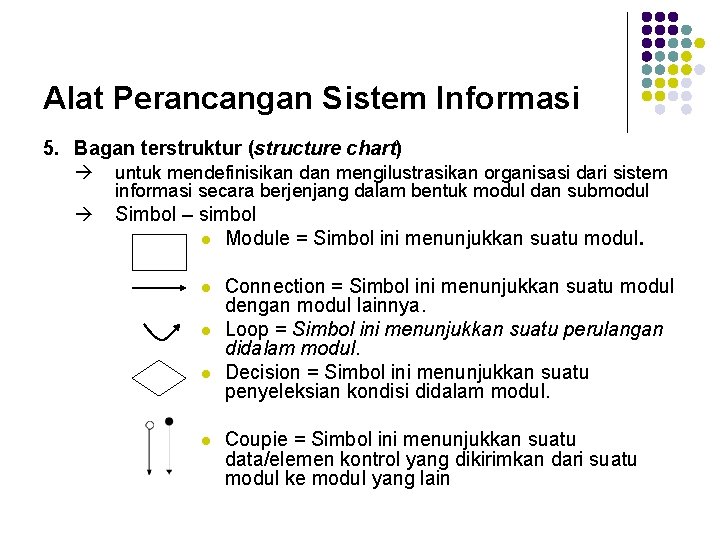 Alat Perancangan Sistem Informasi 5. Bagan terstruktur (structure chart) untuk mendefinisikan dan mengilustrasikan organisasi