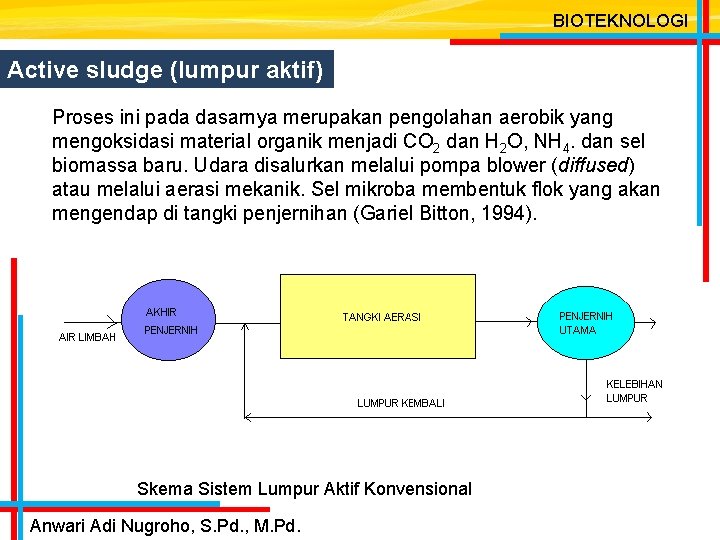 BIOTEKNOLOGI Active sludge (lumpur aktif) Proses ini pada dasarnya merupakan pengolahan aerobik yang mengoksidasi