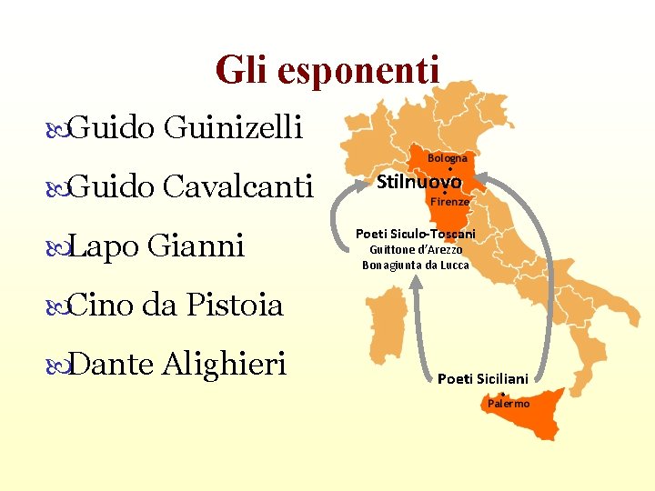 Gli esponenti Guido Guinizelli Guido Cavalcanti Lapo Gianni Stilnuovo Poeti Siculo-Toscani Guittone d’Arezzo Bonagiunta