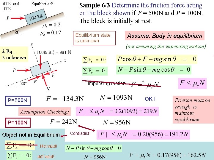 500 N and 100 N Equilibrium? Sample 6/3 Determine the friction force acting on