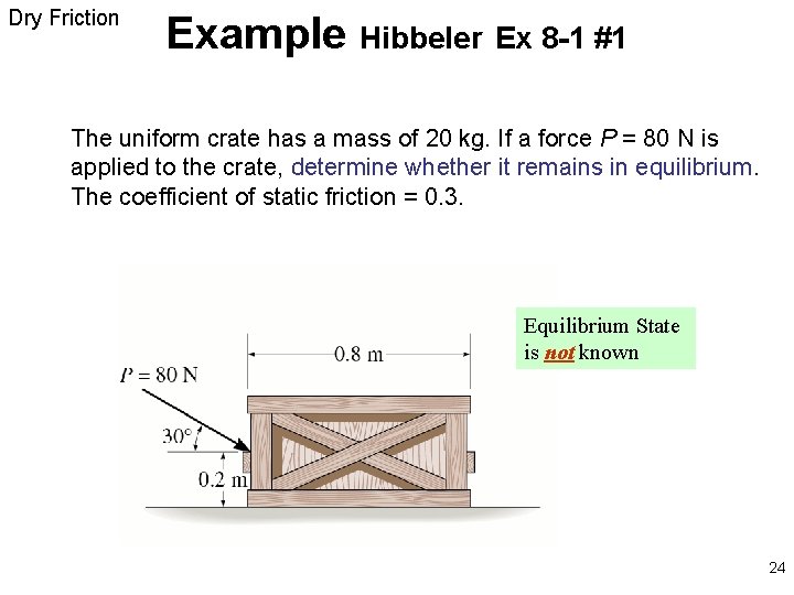 Dry Friction Example Hibbeler Ex 8 -1 #1 The uniform crate has a mass