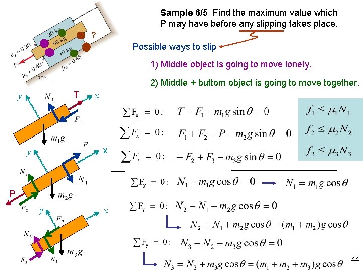 Sample 6/5 Find the maximum value which P may have before any slipping takes