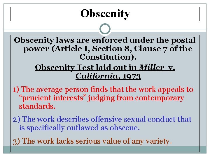 Obscenity laws are enforced under the postal power (Article I, Section 8, Clause 7