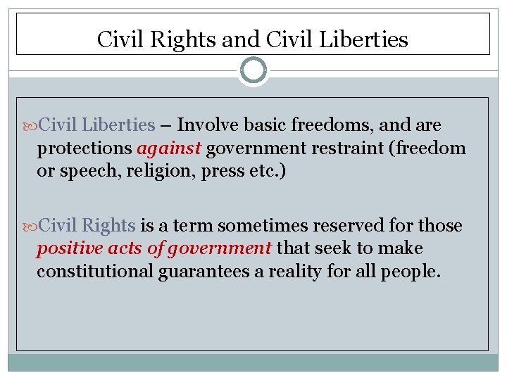 Civil Rights and Civil Liberties – Involve basic freedoms, and are protections against government