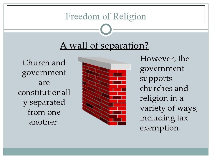 Freedom of Religion A wall of separation? Church and government are constitutionall y separated