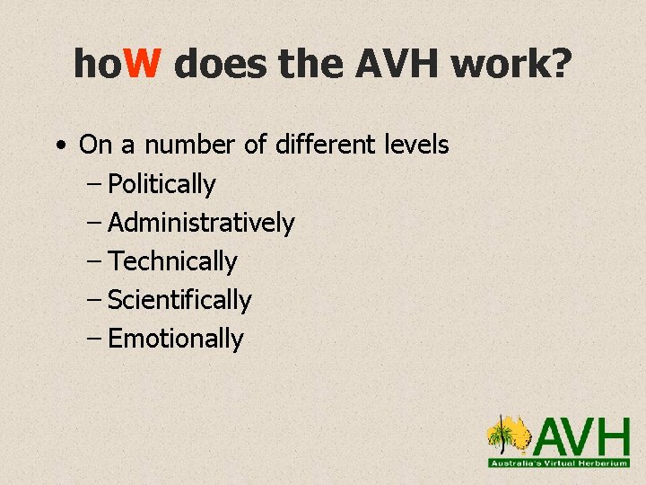 ho. W does the AVH work? • On a number of different levels –