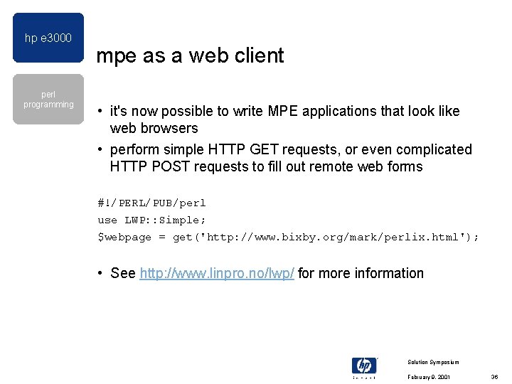 hp e 3000 perl programming mpe as a web client • it's now possible hp e 3000 perl programming mpe as a web client • it's now possible