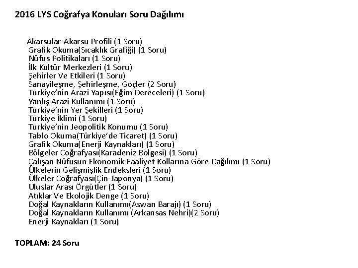 2016 LYS Coğrafya Konuları Soru Dağılımı Akarsular-Akarsu Profili (1 Soru) Grafik Okuma(Sıcaklık Grafiği) (1