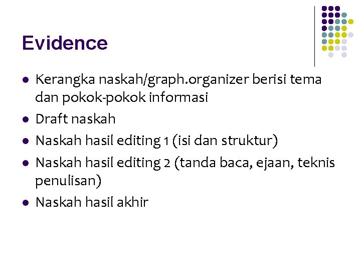 Evidence l l l Kerangka naskah/graph. organizer berisi tema dan pokok-pokok informasi Draft naskah