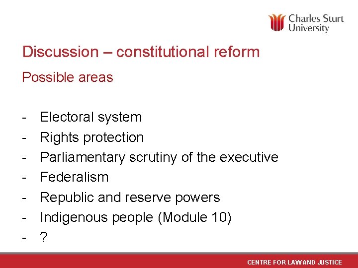 Discussion – constitutional reform Possible areas - Electoral system Rights protection Parliamentary scrutiny of