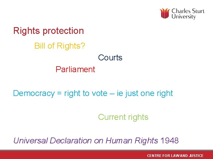 Rights protection Bill of Rights? Courts Parliament Democracy = right to vote – ie