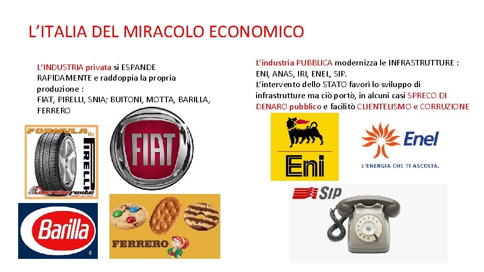 L’ITALIA DEL MIRACOLO ECONOMICO L’INDUSTRIA privata si ESPANDE RAPIDAMENTE e raddoppia la propria produzione