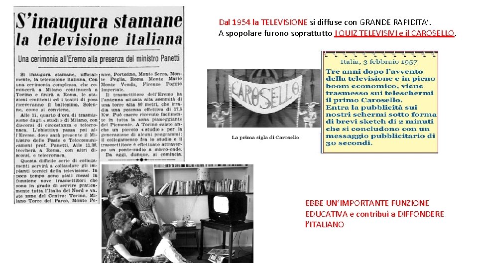 Dal 1954 la TELEVISIONE si diffuse con GRANDE RAPIDITA’. A spopolare furono soprattutto I
