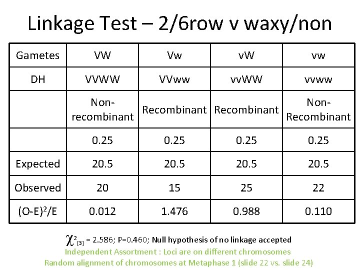 Linkage Test – 2/6 row v waxy/non Gametes VW Vw v. W vw DH