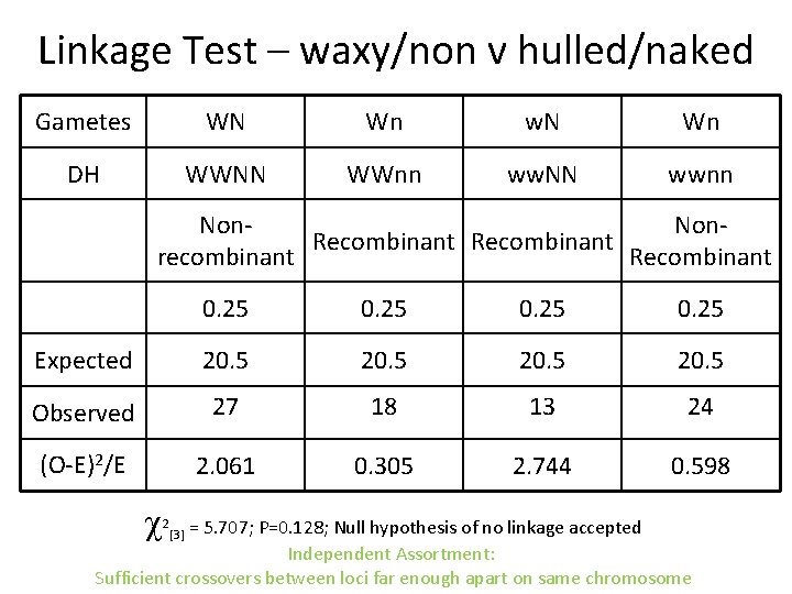 Linkage Test – waxy/non v hulled/naked Gametes WN Wn w. N Wn DH WWNN