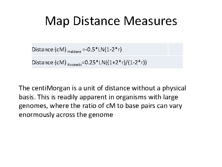 Map Distance Measures Distance (c. M) Haldane =-0. 5*LN(1 -2*r) Distance (c. M) Kosambi=0.