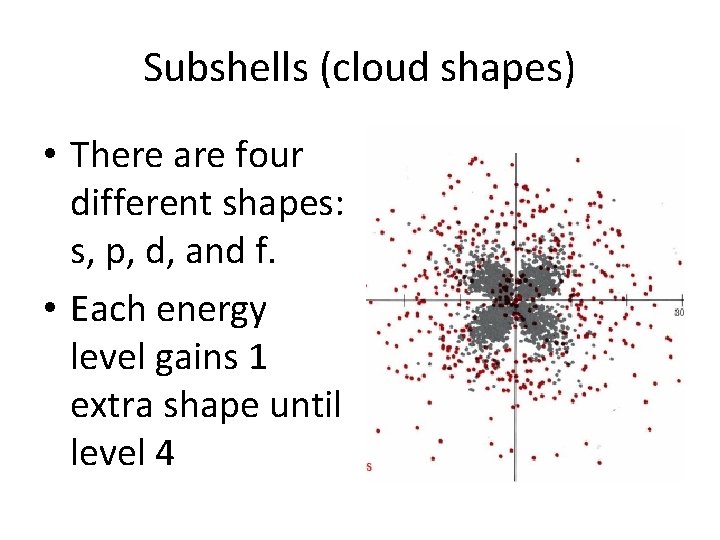 Subshells (cloud shapes) • There are four different shapes: s, p, d, and f.