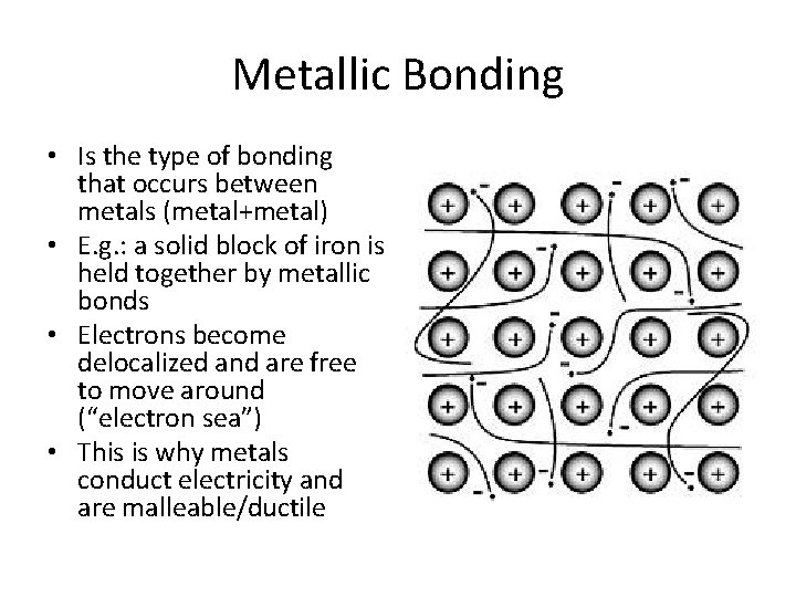 Metallic Bonding • Is the type of bonding that occurs between metals (metal+metal) •
