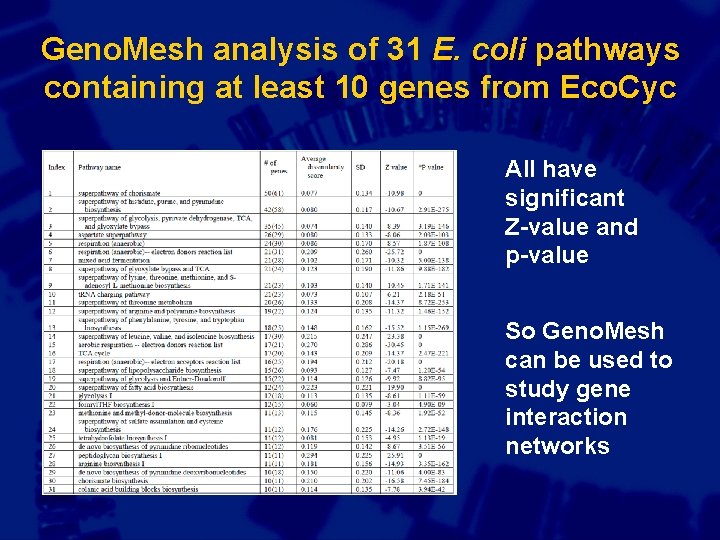 Geno. Mesh analysis of 31 E. coli pathways containing at least 10 genes from