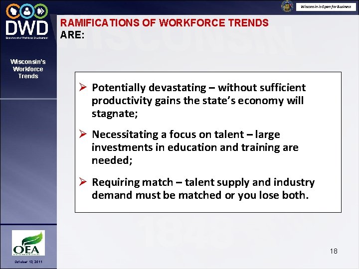 Wisconsin is Open for Business RAMIFICATIONS OF WORKFORCE TRENDS ARE: Wisconsin’s Workforce Trends Ø