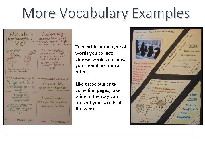 More Vocabulary Examples Take pride in the type of words you collect; choose words