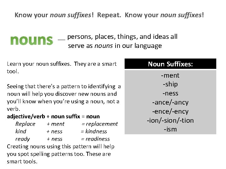 Know your noun suffixes! Repeat. Know your noun suffixes! nouns __ persons, places, things,