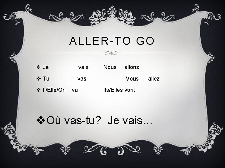 ALLER-TO GO v Je vais v Tu vas v Il/Elle/On va Nous allons Vous