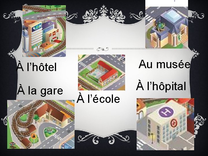 À l’hôtel Au musée À la gare À l’hôpital À l’école 