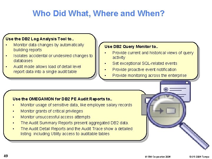 Who Did What, Where and When? Use the DB 2 Log Analysis Tool to.