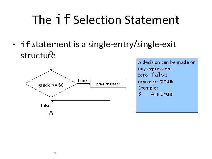 The if Selection Statement • if statement is a single-entry/single-exit structure grade >= 60 The if Selection Statement • if statement is a single-entry/single-exit structure grade >= 60