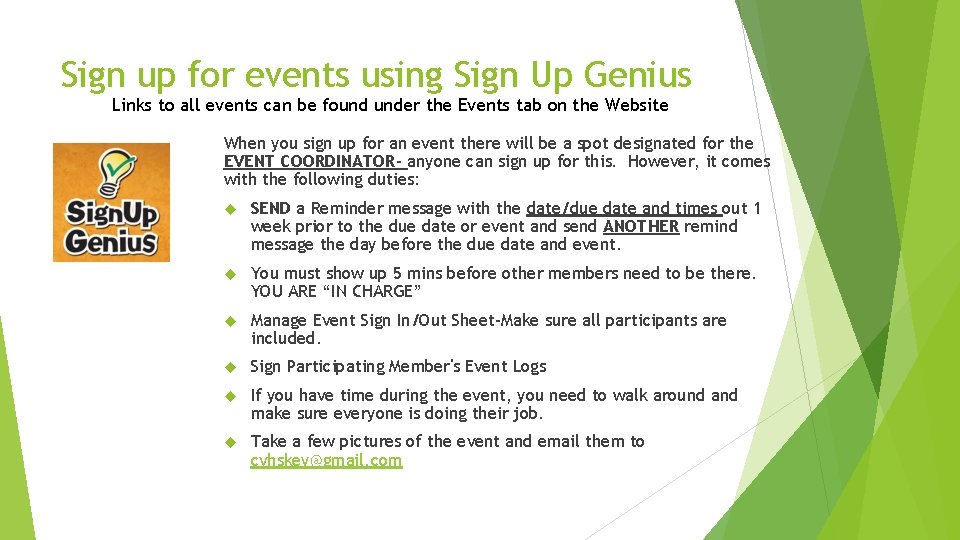 Sign up for events using Sign Up Genius Links to all events can be