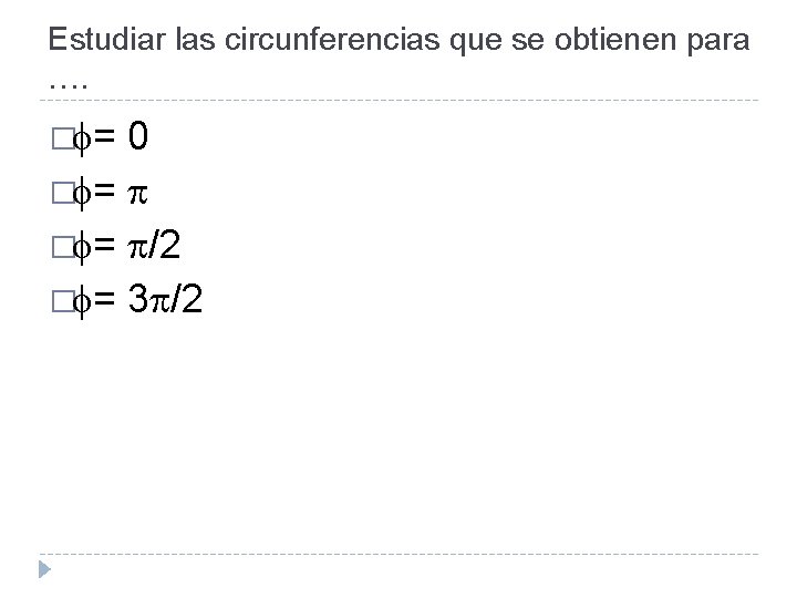 Estudiar las circunferencias que se obtienen para …. � = 0 � = /2