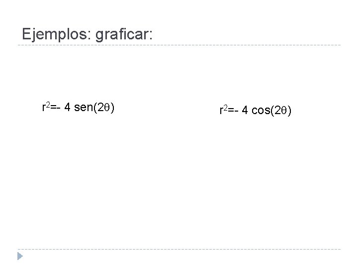 Ejemplos: graficar: r 2=- 4 sen(2 ) r 2=- 4 cos(2 ) 