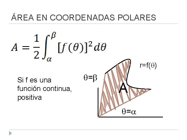ÁREA EN COORDENADAS POLARES r=f( ) Si f es una función continua, positiva =