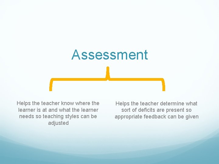 Assessment Helps the teacher know where the learner is at and what the learner