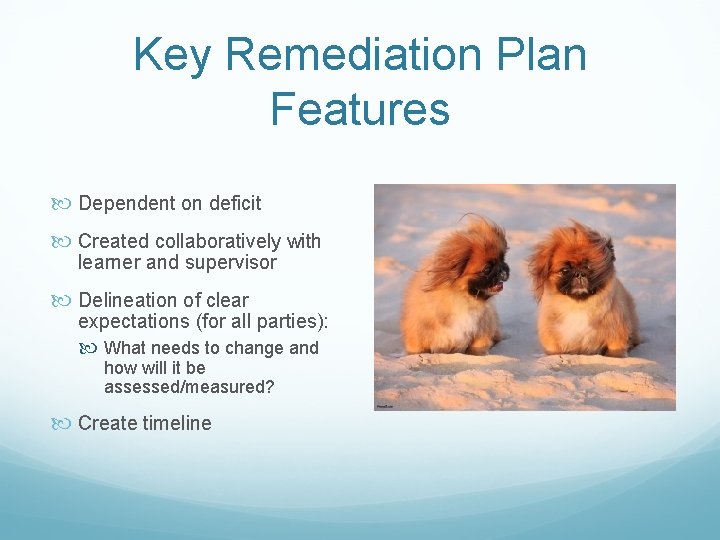 Key Remediation Plan Features Dependent on deficit Created collaboratively with learner and supervisor Delineation