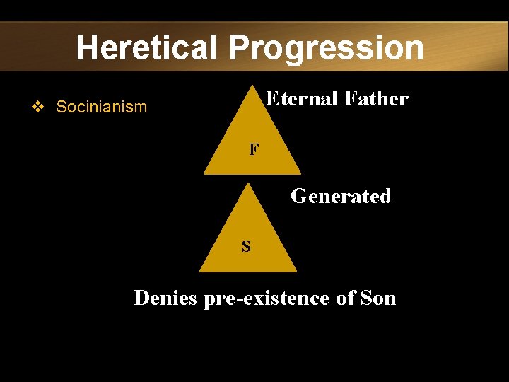 Heretical Progression Eternal Father v Socinianism F Generated S Denies pre-existence of Son 