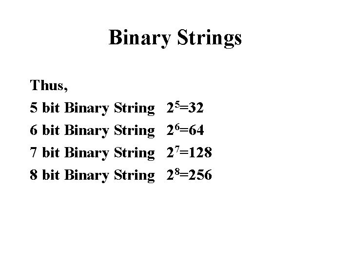 Binary Strings Thus, 5 bit Binary String 6 bit Binary String 7 bit Binary Binary Strings Thus, 5 bit Binary String 6 bit Binary String 7 bit Binary