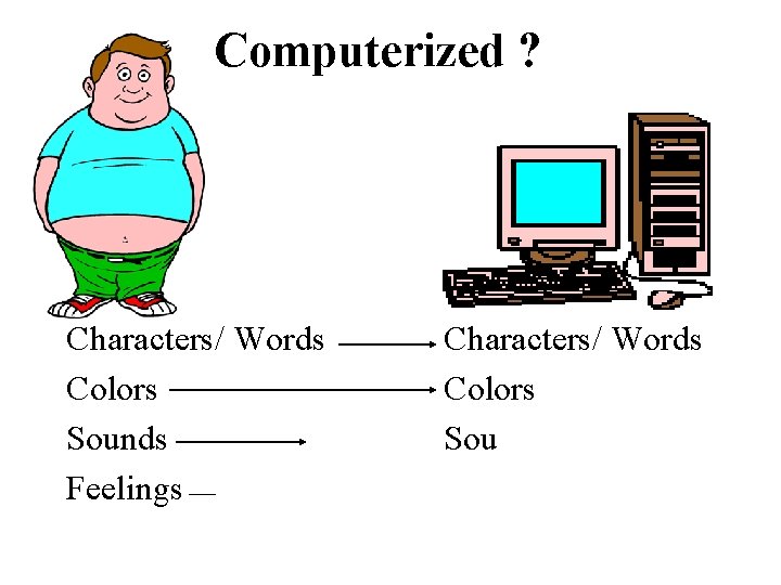 Computerized ? Characters/ Words Colors Sounds Feelings Characters/ Words Colors Sou Computerized ? Characters/ Words Colors Sounds Feelings Characters/ Words Colors Sou